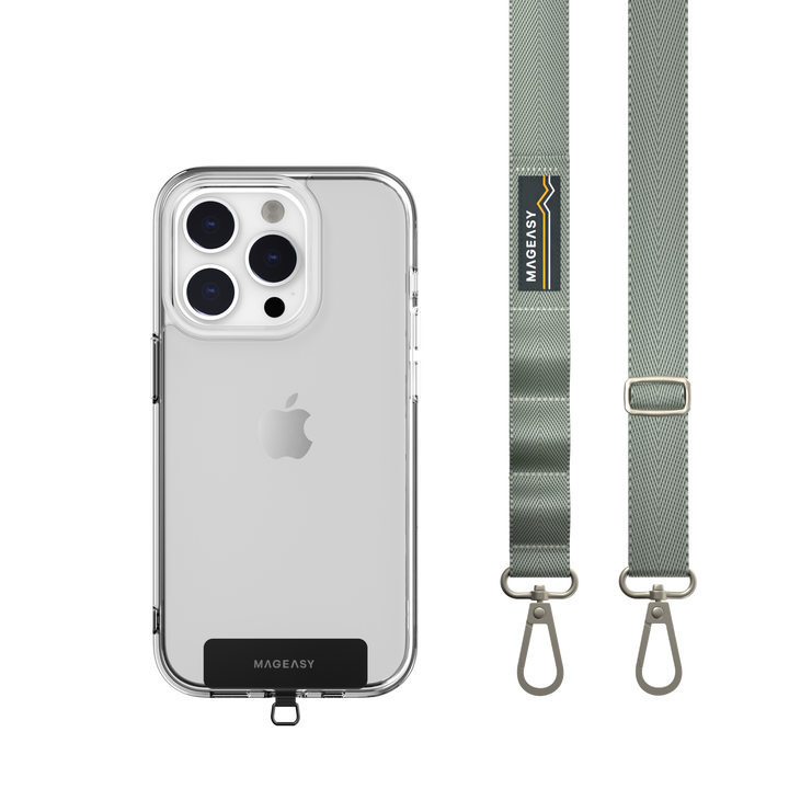 The MAGEASY 20mm misty blue STRAP and an iPhone in a clear iPhone case. A STRAP CARD is well installed in the case.