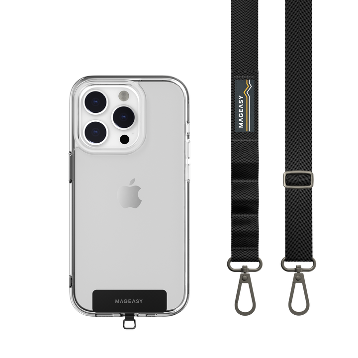 The MAGEASY 20mm black STRAP and an iPhone in a clear iPhone case. A STRAP CARD is well installed in the case.