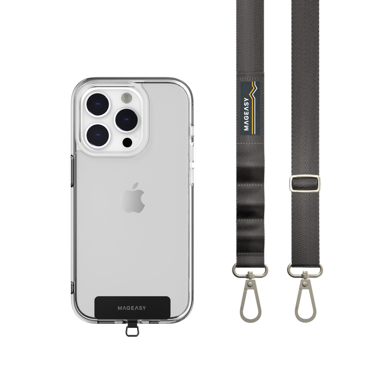 The MAGEASY 20mm concrete gray STRAP and an iPhone in a clear iPhone case. A STRAP CARD is well installed in the case.