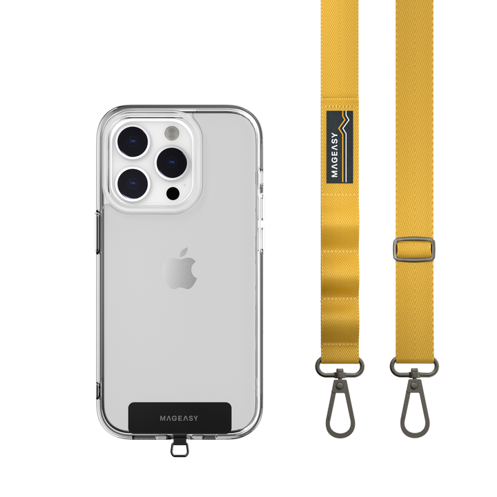 The MAGEASY 20mm mustard yellow STRAP and an iPhone in a clear iPhone case. A STRAP CARD is well installed in the case.