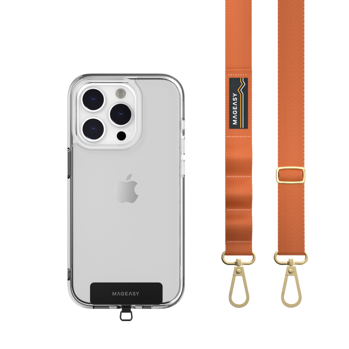 The MAGEASY 20mm orange STRAP and an iPhone in a clear iPhone case. A STRAP CARD is well installed in the case.