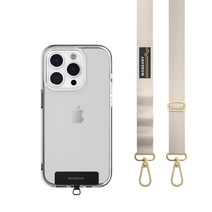 The MAGEASY 20mm starlight STRAP and an iPhone in a clear iPhone case. A STRAP CARD is well installed in the case.